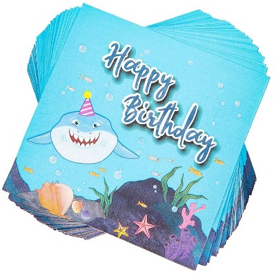 Blue Panda 100 Pack Shark Happy Birthday Party Paper Disposable Napkins 6.5" for Tableware Decoration