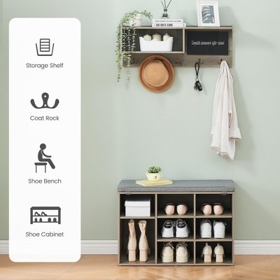 31.5 Inch Wall Mount Coat Rack Shoe Bench Set, 5 Hook Industrial Hall Tree with Bench, Entryway Bench
