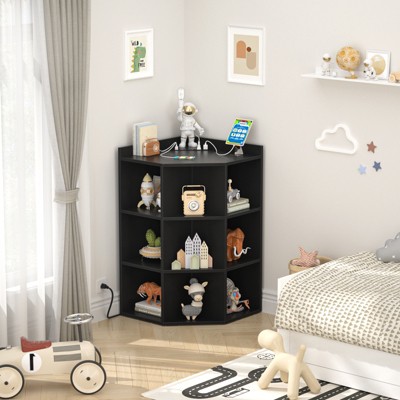 Aheaplus Corner Storage Shelves with Charging Station, Wooden Bookshelf with 9 Cubes