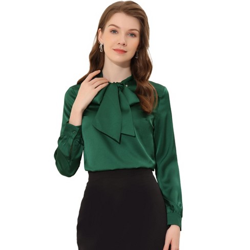 Allegra K Women's Satin Bow Tie Neck Solid Work Office Blouse Dark Green  X-Large