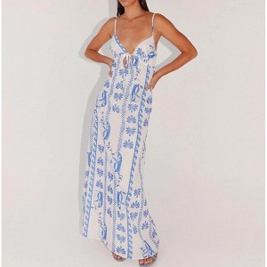 Mocamel Women's Summer Long Dress Sleeveless Spaghetti Strap Tie-Up Front Loose Dress Back Cutout Dress - 1 of 4