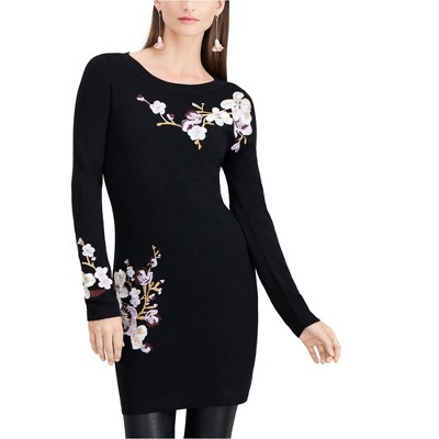 I.N.C International Concepts Womens Embroidered Floral Sweater Dress, Black, Large