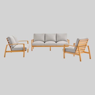 3pc Orlean Outdoor Patio Eucalyptus Wood Armchair, Loveseat & Sofa Set -Natural/Light Gray - Modway