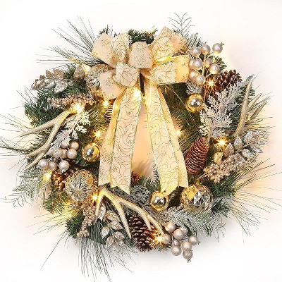 Coucheta 24 Inch Lighted Christmas Wreath - Pre-Lit with Timer, 20 Light Antlers Bowknot Pine Cones Balls, Gold