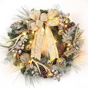 Coucheta 24 Inch Lighted Christmas Wreath - Pre-Lit with Timer, 20 Light Antlers Bowknot Pine Cones Balls, Gold - 1 of 4
