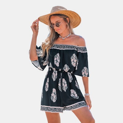 Women's Boho Off-Shoulder Printed Beach Romper - Cupshe