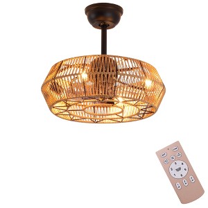 19" Rustic Caged Ceiling Fan with Woven Rope Shade, 4-Lamp Light Kit, 6-Speed Quiet Reversible DC Motor and Remote Control for Bedroom or Guest Room - 1 of 4
