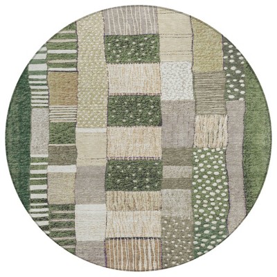 HomeRoots 8' Olive Green Beige And Ivory Round Geometric Washable Indoor Outdoor Area Rug