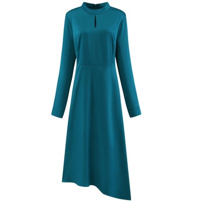 Hobemty Women's Fall Mock Neck A-line Elegant Long Sleeve Satin Dress