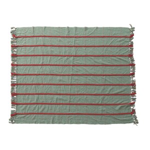 Storied Home Woven Blend Throw with Braided Embroidery, Grid Pattern and Fringe, Green and Red - 1 of 2