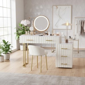 Homy Casa Vanity Table with Round Mirror Gold Accents and Storage Drawers for Bedroom or Dressing Room, White - 1 of 4