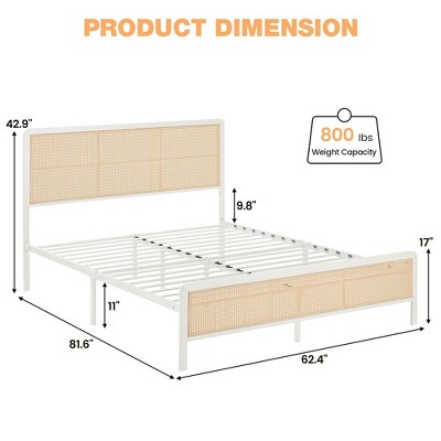 Queen Size White Metal Frame Bed with Rattan Upholstered Headboard