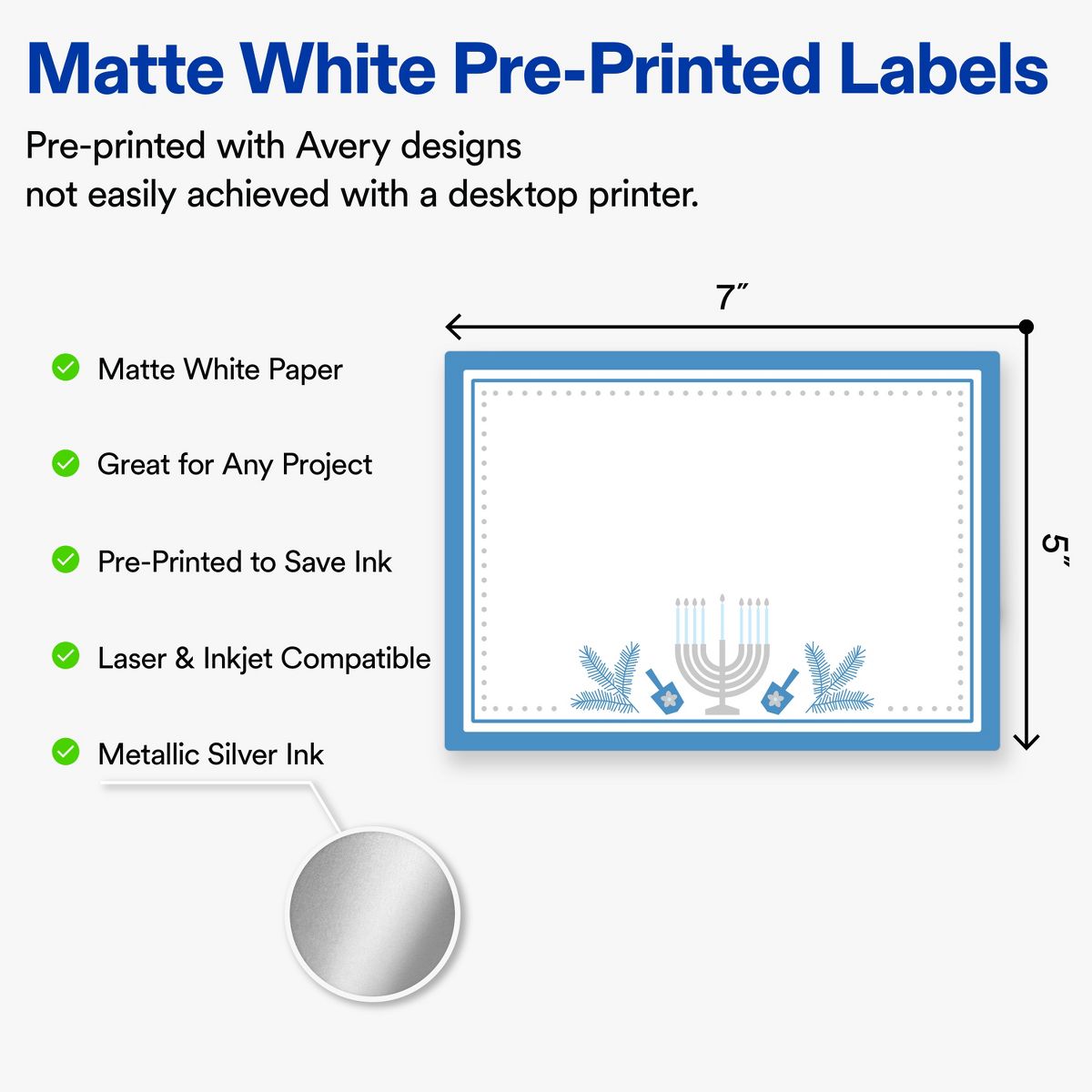 Avery® Labels, 5" x 7", Matte, Silver Menorah Frame, 20 - thumbnail 2