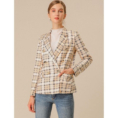 INSPIRE CHIC Women's Notched Lapel Double Breasted Plaid Formal Blazer Apricot X-Large — фото 4