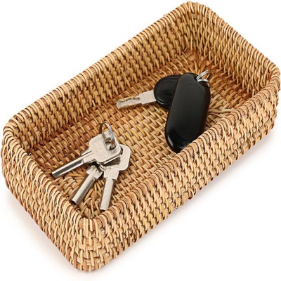 BRINJOY Handwoven Rattan Entryway Key Tray - Small Woven Basket for Keys, Jewelry, Desk Organization, Kitchen and Coffee Table Decor