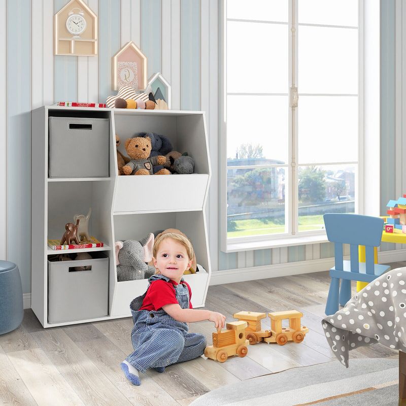 Tangkula Kids Toy Storage Organizer 5 Cubbies Wooden Bookshelf Display Cabinet w/ Drawers, 2 of 11