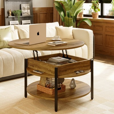WOWLIVE 36"W Lift Top Coffee Table with Storage, Round Wood Cocktail Table for Living Room