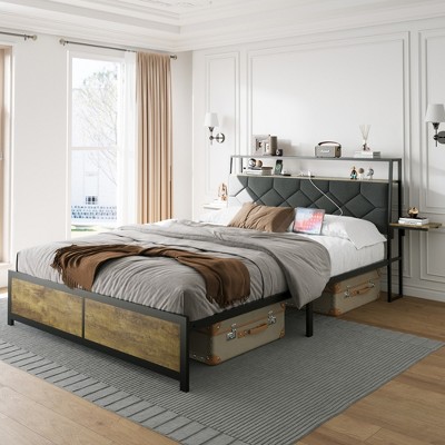 Queen Size Bed Frame with RGB LED Lights, Soft Backrest and Bedside Shelf