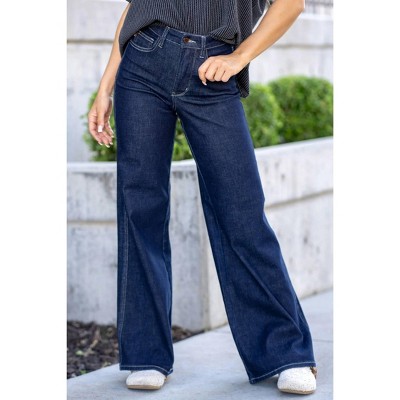Women's Wo's High Waist Tummy Control Retro Wide Leg Dark Denim Jean - Judy Blue