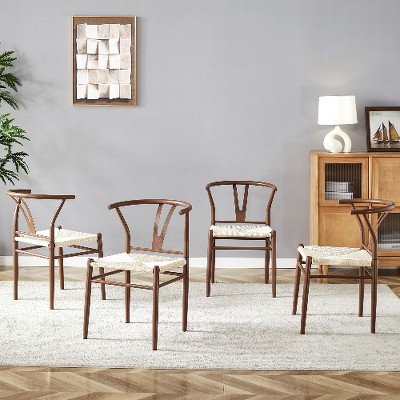 Lyngins 4-Pack Modern Iron Wishbone Dining Chair with Rope-Weaved Seat Cushion, Eco-Friendly Kitchen Chair, Easy Assembly for Dining Room, Living Room