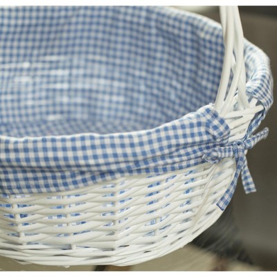 White Round Wicker Basket with Blue Gingham Liner