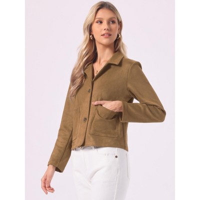 INSPIRE CHIC Women's Faux Suede Button Down Point Collar Pockets Fall Winter Cropped Jacket X-Large Brown — фото 4