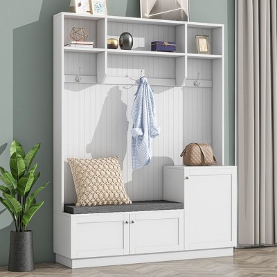 NicBex Coat and Shoe Rack Entryway Hall Tree with Bench with 3 Hooks, 3 Shoe Cubbies, and 3 Shelves, White