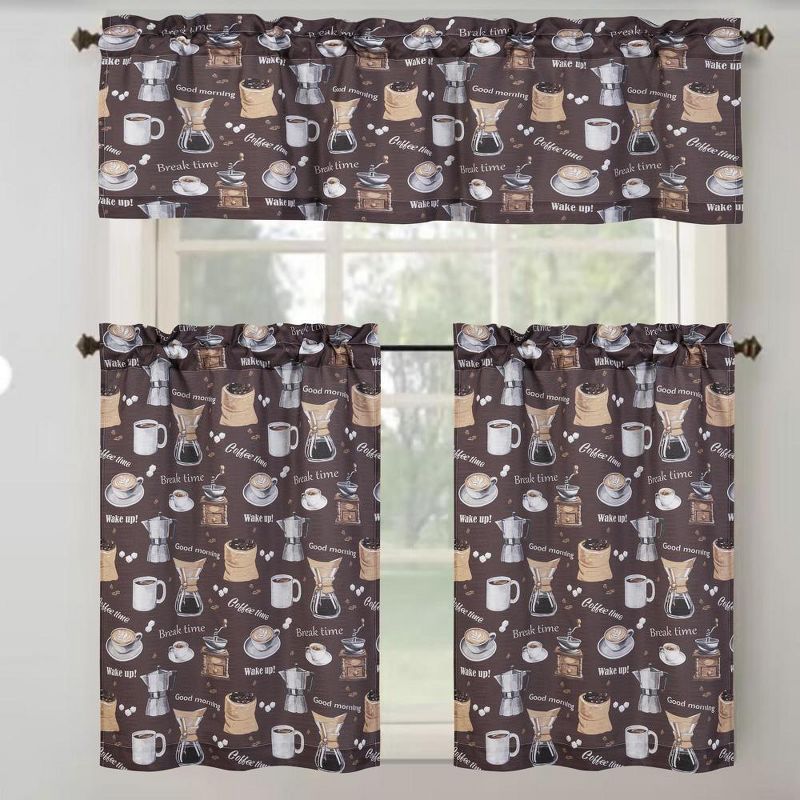 RT Designer's Collection Coffee Printed Slub 3 Pieces Kitchen Curtain Includes 1 Valance 52" x 18" and 2 Tiers 26" x 36" Each Multi Color, 1 of 5