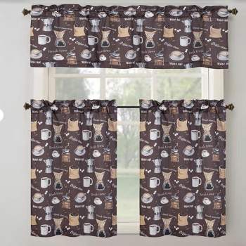 RT Designer's Collection Coffee Printed Slub 3 Pieces Kitchen Curtain Includes 1 Valance 52" x 18" and 2 Tiers 26" x 36" Each Multi Color
