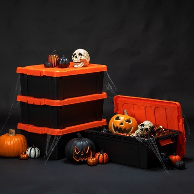 Heavy Duty Black and Orange Stackable Plastic Storage Bins with Lids