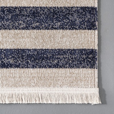 Blue and Beige Striped Synthetic Indoor/Outdoor Runner Rug