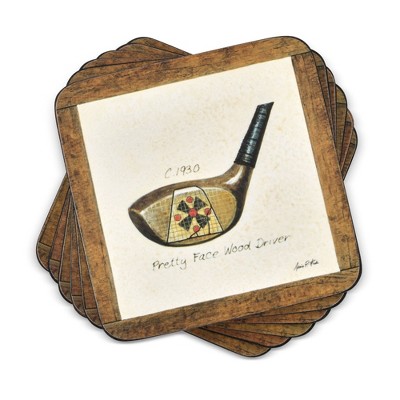 Pimpernel A History of Golf Coasters - Set of 6 Square Cork Backed Drink Coasters with Vintage Sports Artwork - Heat & Stain Resistant