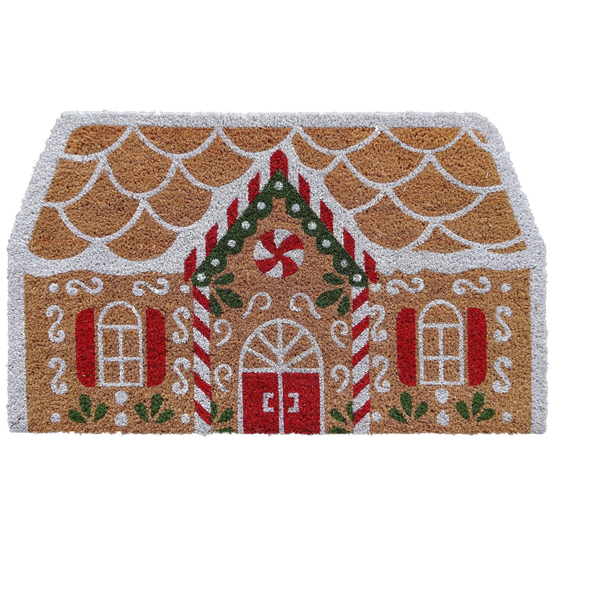 18"x30" Christmas Gingerbread House Coir Doormat Natural and Red