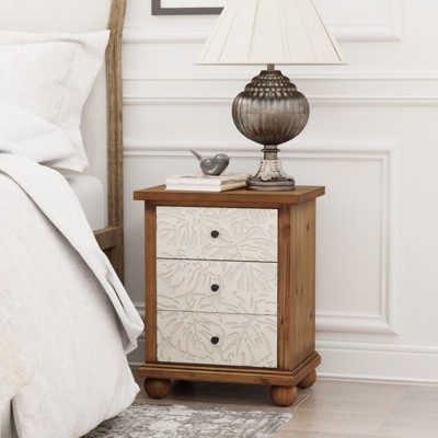 JIONJOY Farmhouse 3-Drawer Dresser - Hand-Carved Leaves Design, Fully Assembled Vintage Storage for Bedroom/Living Room, White & Brown