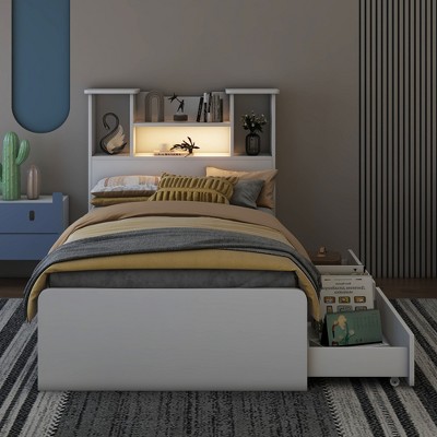 Whisen Twin Size LED Storage Platform Bed Frame with Open Shelves and Storage Drawers