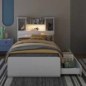 Whisen Twin Size LED Storage Platform Bed Frame with Open Shelves and Storage Drawers - 1 of 4