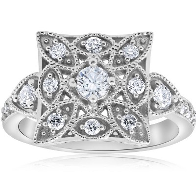 Pompeii3 1/2ct Vintage Diamond Ring Square Framed Filigree Band 10K White Gold