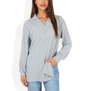 Anna-Kaci Women's Ribbed V-Neck Pullover Top with Collar and Side Slits for Casual Styles - 1 of 4