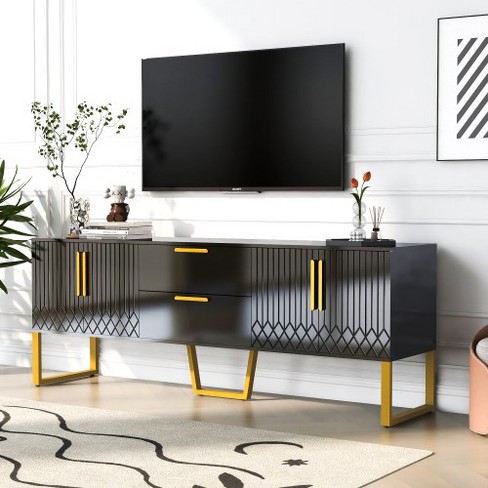 Tv Stand For Tvs Up To 75 Inches Storage Cabinet With Drawers And Cabinets Wood Tv Console Table With Metal Legs And Handles For Living Room Black Target