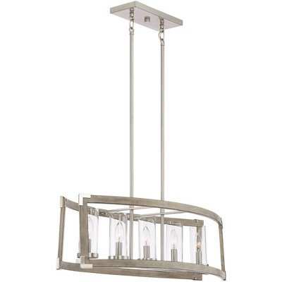 Modern Farmhouse Brushed Nickel and Wood Linear Island Chandelier