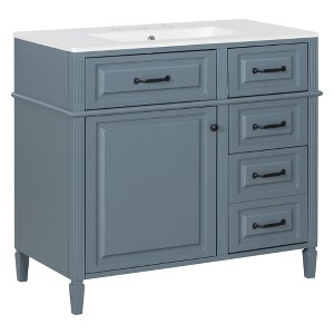 Gulches 36 in 18 in Undermount Rectangular Bathroom Sink in Blue Gray Solid Rubberwood MDF Ceramic with 4 Drawers Adjustable Shelf Metal Handles - 1 of 4