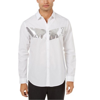 I.N.C International Concepts Mens Sequins Chest Button Up Shirt, White, X-Large