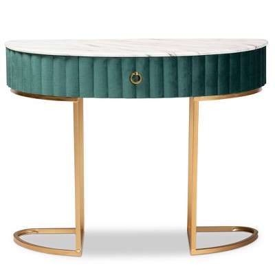 Luxurious Green Velvet and Gold 40" Console Table with Faux Marble Top
