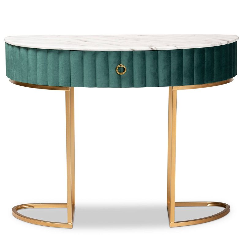 1 Drawer Beale Velvet Upholstered and Brushed Console Table Green/Gold - Baxton Studio, 4 of 11