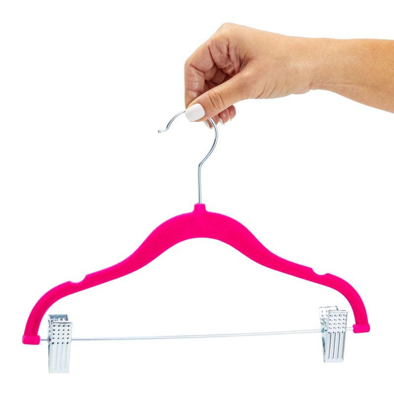 Juvale 24 Pack Hot Pink Velvet Hangers, Space Saving Kids Hangers with Clips for Baby Nursery, Closet, Ultra Thin, Nonslip, 12 Inches, 3 of 10