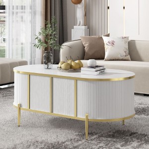 NicBex Modern Luxury Oval Fluted Coffee Table with Storage Cabinets,Marble-Patterned Top & Metal Legs,Living Room Furniture - 1 of 4