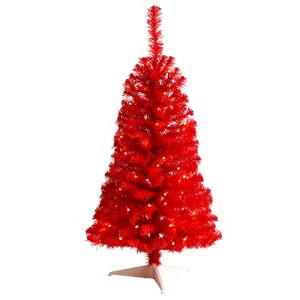 3ft. Red Artificial Christmas Tree with 50 LED Lights & 118 Branches – Bold Festive Holiday X-Mas Accent - 1 of 4