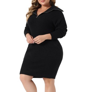 Agnes Orinda Women's Plus Size Knit Long Sleeve Zipper Collar Pullover Mini Sweater Dresses - 1 of 4