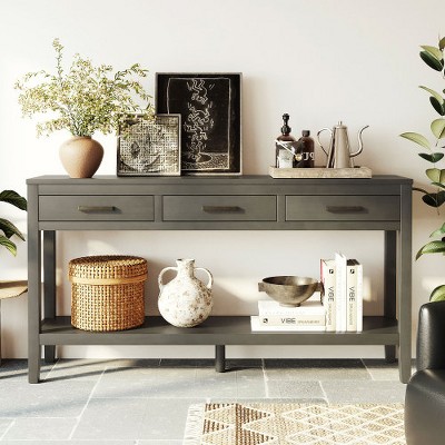 ACEPANO 59.1 in. W Farmhouse-Style Console Table with 3 Drawers, Base Frame & Iron Handles-Gray