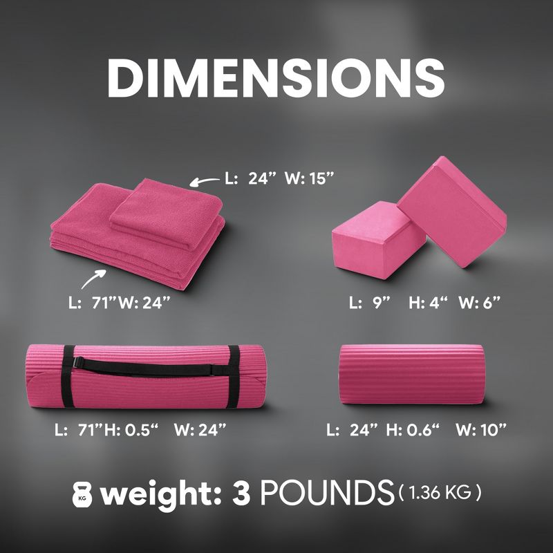 BalanceFrom Fitness 7 Piece Home Gym Yoga Set with 0.5 Inch Thick Yoga Mat, 2 Yoga Blocks, Mat Towel, Hand Towel, Stretch Strap, and Knee Pad, Pink, 3 of 7